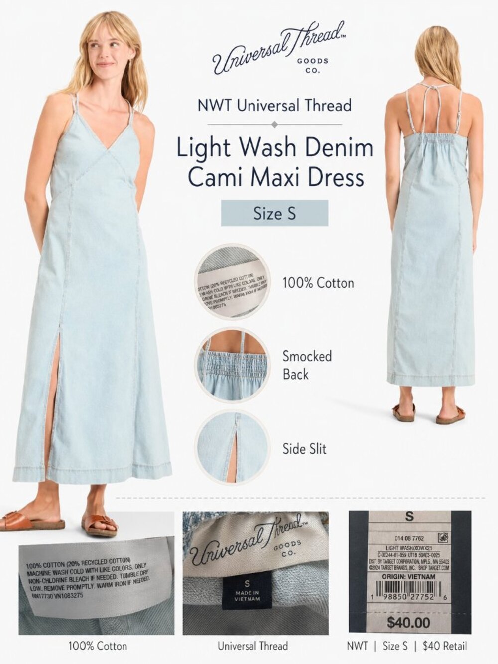 NWT NWT Universal Thread Light Wash Denim Cami Maxi Dress Women’s S Side Slit